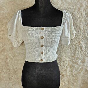 Love Tree Women's White Linen Blend Puff Sleeves Crop Top Size S